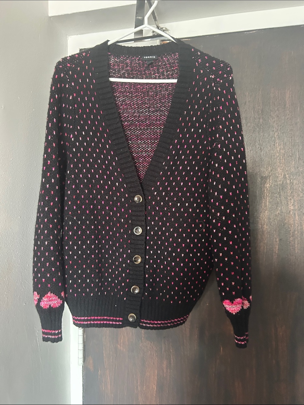 Torrid Black Cardigan with Pink Heart and Dot Knit